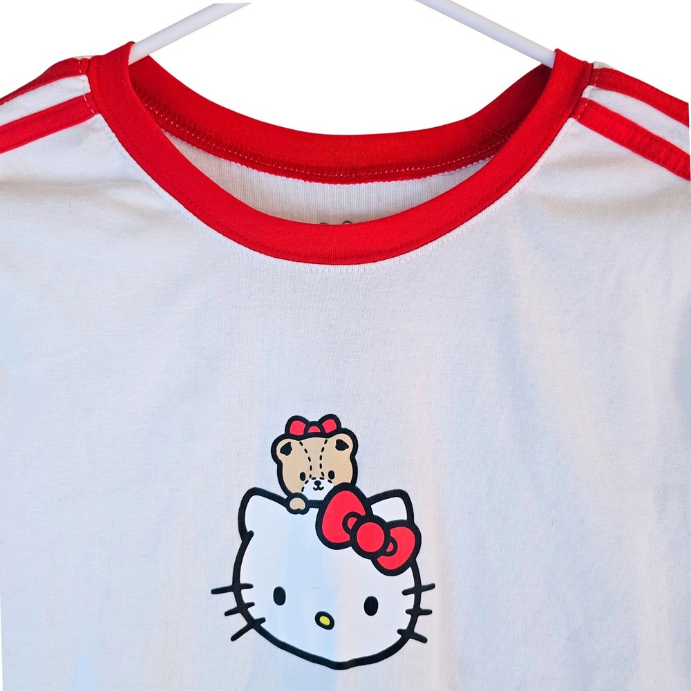Sanrio Hello Kitty Tiny Chum Ringer Tee White Red Stripe Graphic XL Hybrid Crop - Picture 2 of 6